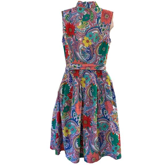 Talbots Flare Floral Paisley Print Button Down Vibrant Tie Waist Dress Pockets - Picture 6 of 10